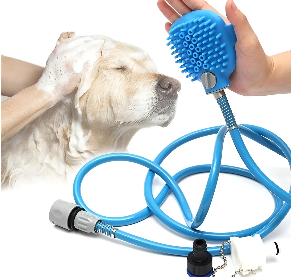 Guante Esponja Con Manguera Masajeador Para Baño De Mascotas Color Azul - Imagen 4